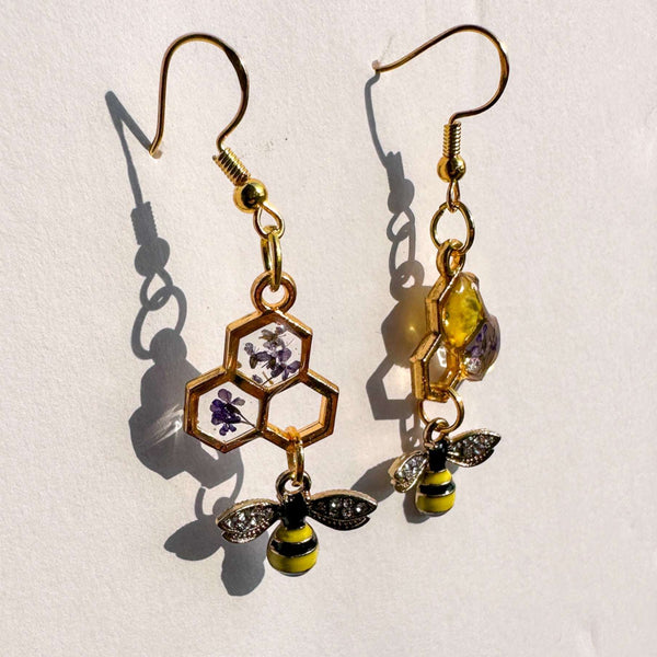 Bee -utiful Handmade Honeycomb Earrings with Rhinestone Bee Charm