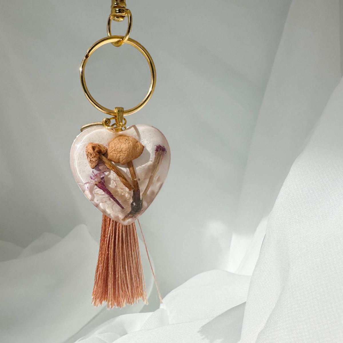 Bag Charm Whimsical Forest Heart Mushroom Keychain - Handmade Whimsy