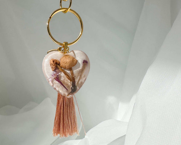 Bag Charm Whimsical Forest Heart Mushroom Keychain - Handmade Whimsy