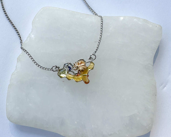 Dripping Honey Honeycomb Handmade Pendant with Gold Bee Charm