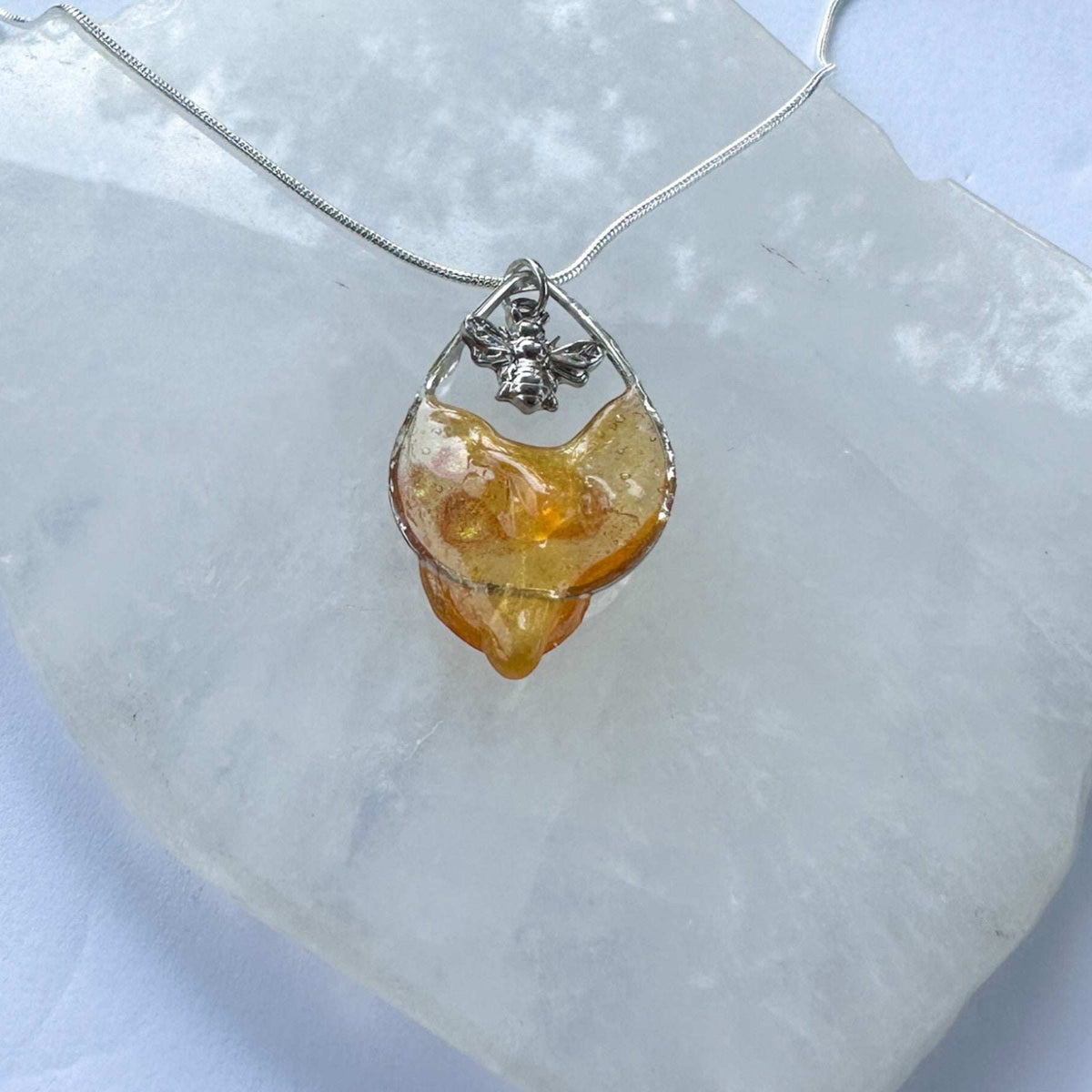 Dripping Honey Teardrop Nature Inspired Pendant with Silver Bee Charm