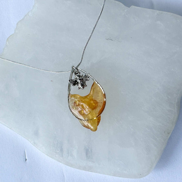 Dripping Honey Teardrop Nature Inspired Pendant with Silver Bee Charm