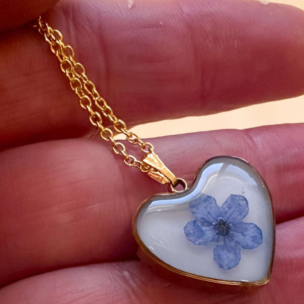 Forget-Me-Not Heart Pendant | Handmade Pendant with Real Flowers