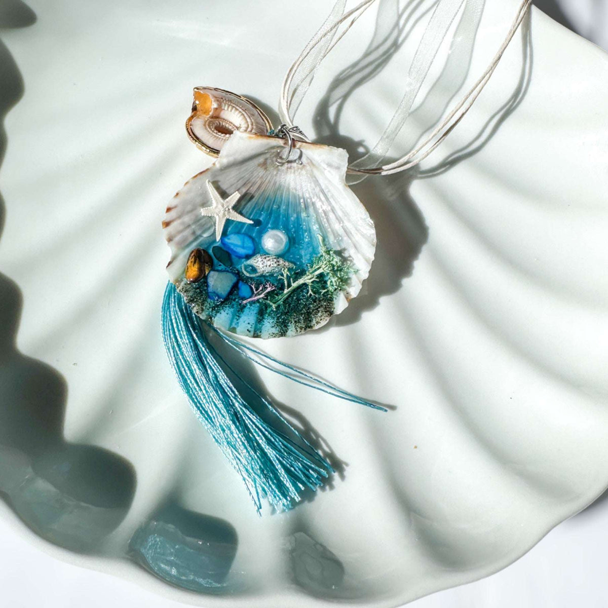 Seashell Car Charm Handmade with Teal Resin, Sand & Seashells