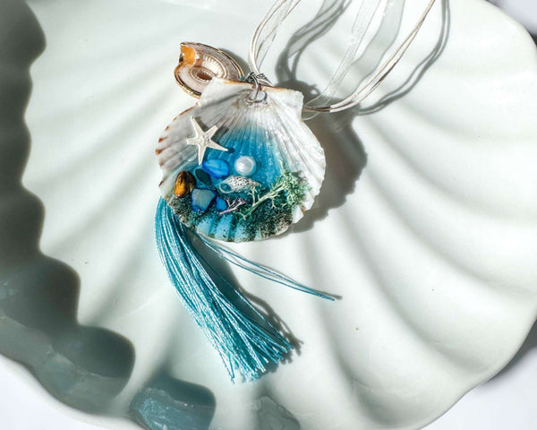 Seashell Car Charm Handmade with Teal Resin, Sand & Seashells