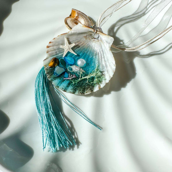 Seashell Car Charm Handmade with Teal Resin, Sand & Seashells