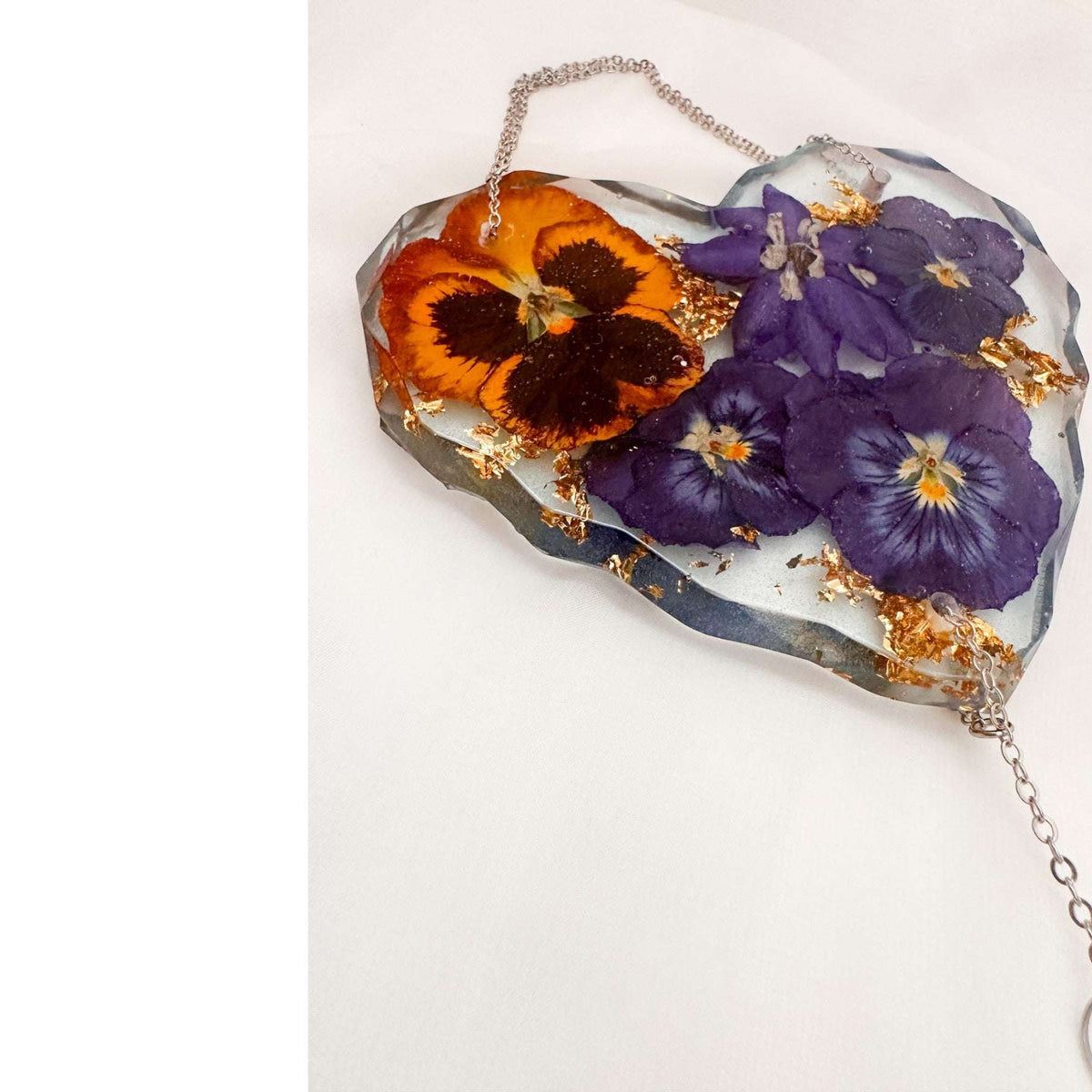 Botanical Heart Suncatcher | Handmade Pressed Purple Pansy & Gold Leaf