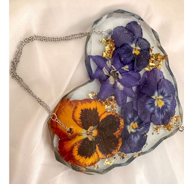 Botanical Heart Suncatcher | Handmade Pressed Purple Pansy & Gold Leaf