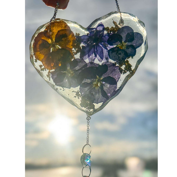 Botanical Heart Suncatcher | Handmade Pressed Purple Pansy & Gold Leaf