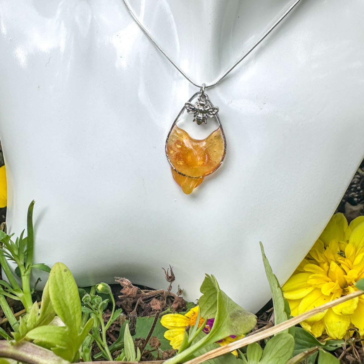 Dripping Honey Teardrop Nature Inspired Pendant with Silver Bee Charm