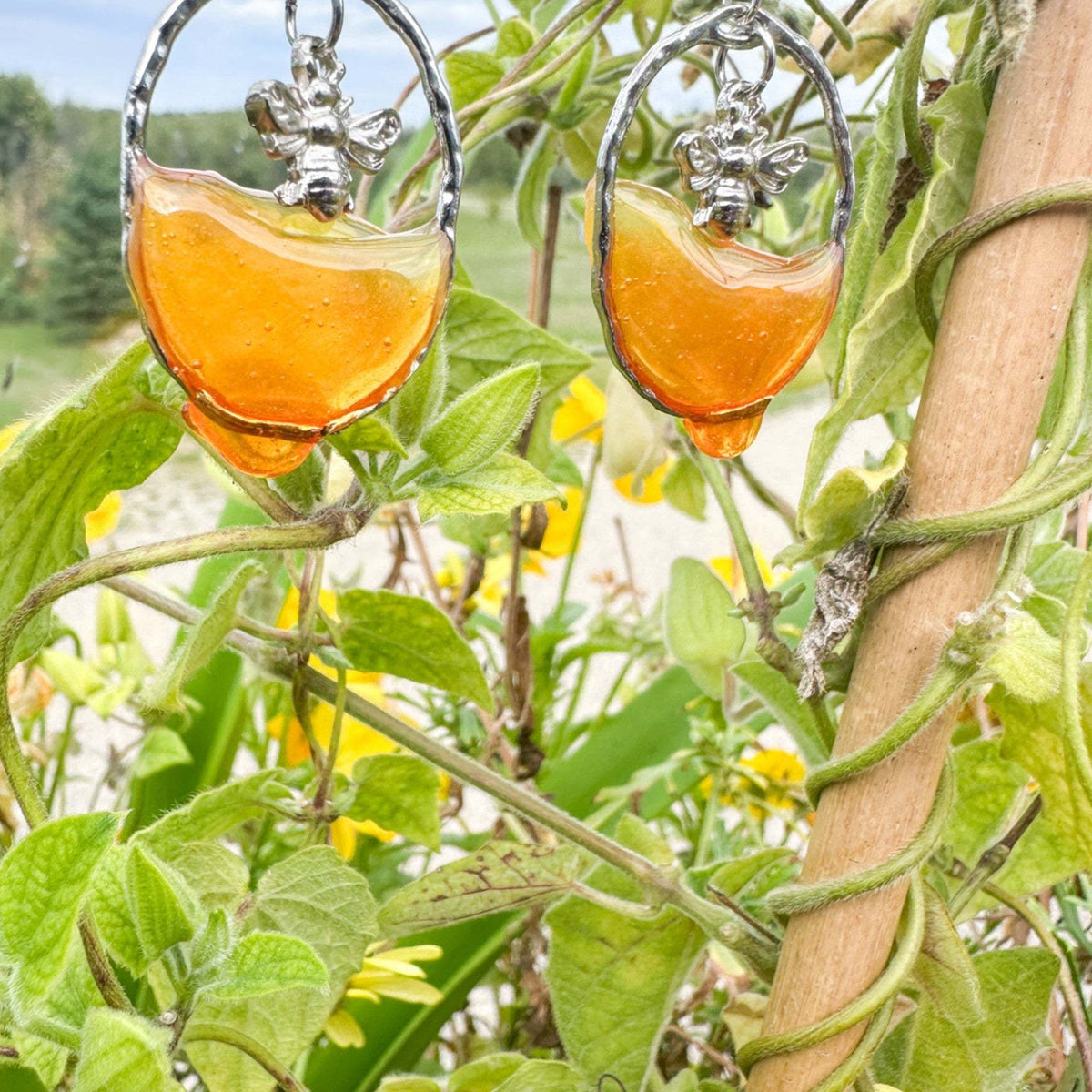 Dripping Honey Handmade Bee -utiful Silver Drop Resin Earrings