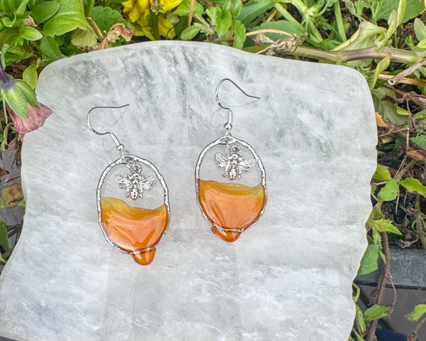 Dripping Honey Handmade Bee -utiful Silver Drop Resin Earrings