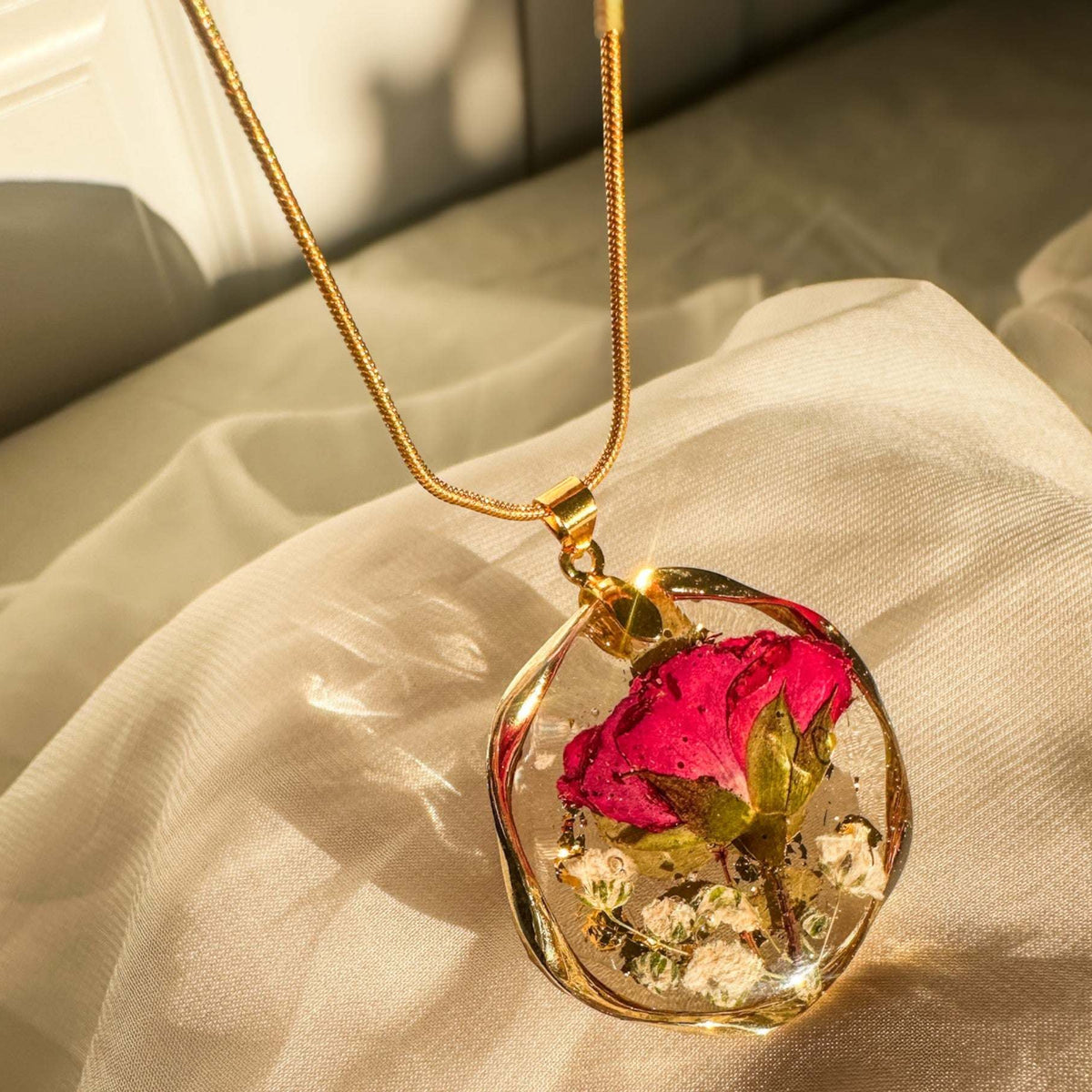 Eternal Rose & Gold Leaf Pendant | Handmade Real Floral Resin Jewelry