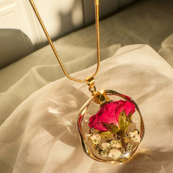Eternal Rose & Gold Leaf Pendant | Handmade Real Floral Resin Jewelry