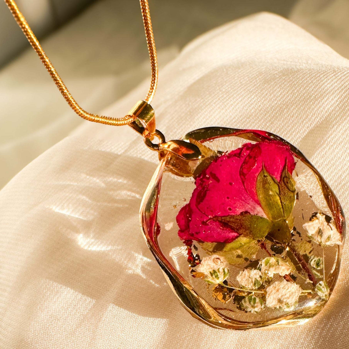 Eternal Rose & Gold Leaf Pendant | Handmade Real Floral Resin Jewelry