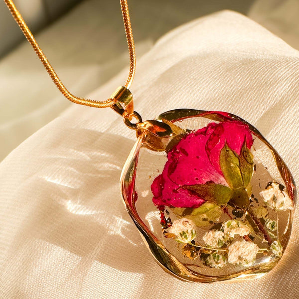 Eternal Rose & Gold Leaf Pendant | Handmade Real Floral Resin Jewelry