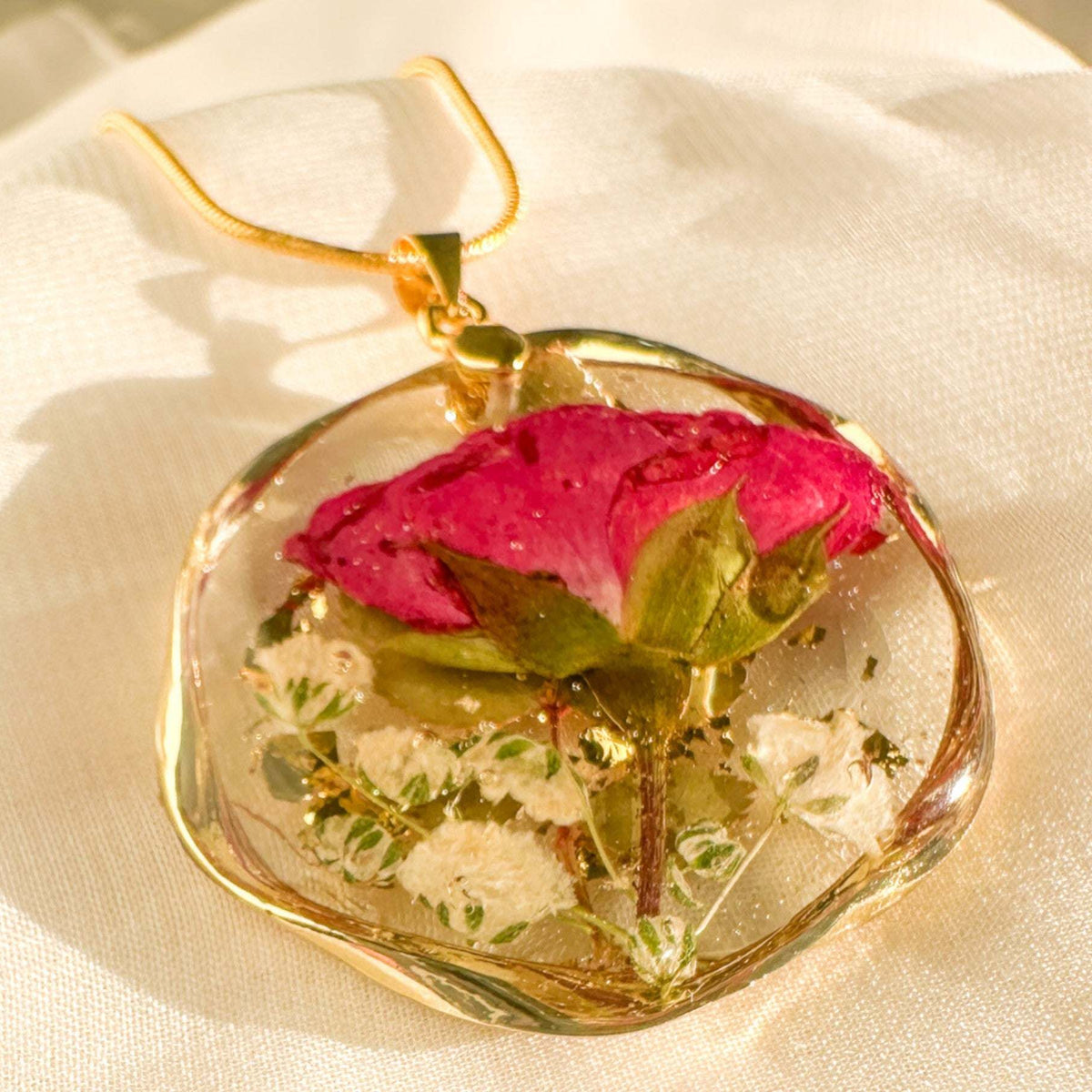 Eternal Rose & Gold Leaf Pendant | Handmade Real Floral Resin Jewelry