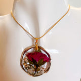 Eternal Rose & Gold Leaf Pendant | Handmade Real Floral Resin Jewelry