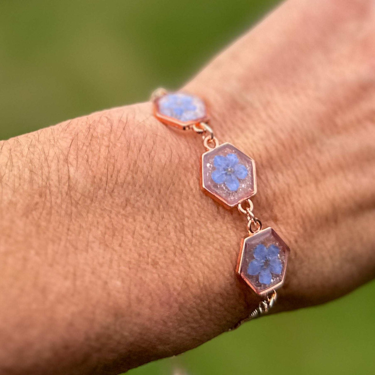 Forget Me Not Flower Bracelet: Handmade Rose Gold Trio Bracelet