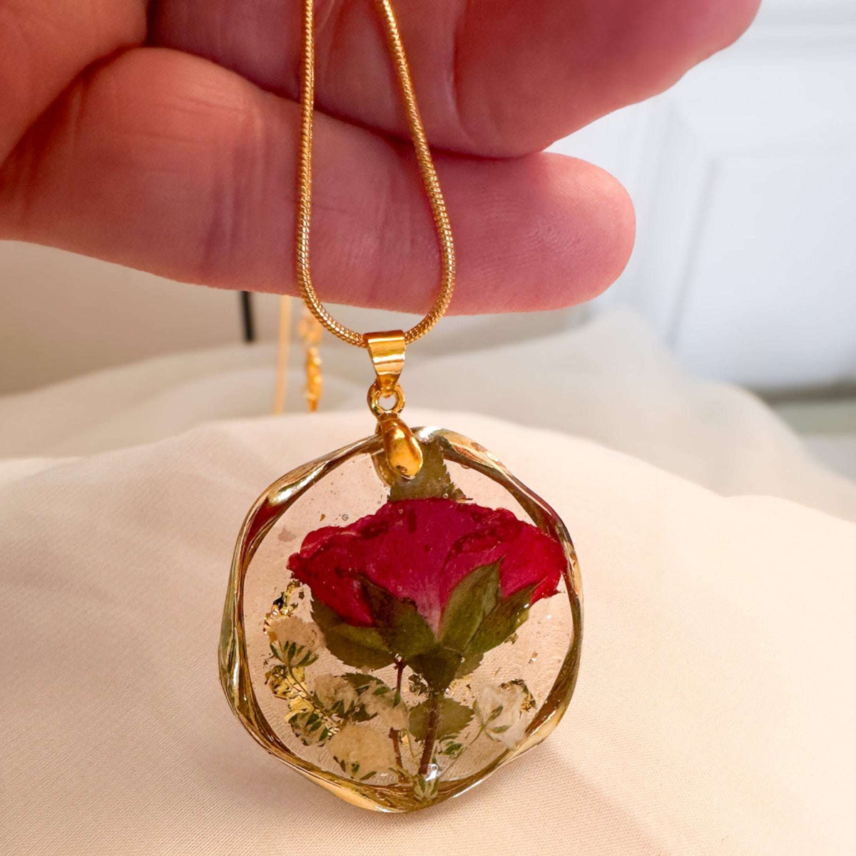 Eternal Rose & Gold Leaf Pendant | Handmade Real Floral Resin Jewelry