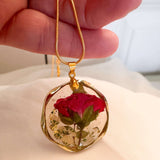 Eternal Rose & Gold Leaf Pendant | Handmade Real Floral Resin Jewelry