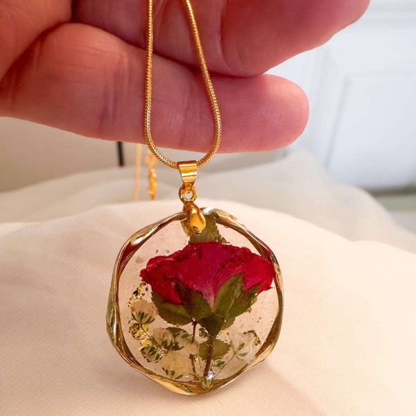 Eternal Rose & Gold Leaf Pendant | Handmade Real Floral Resin Jewelry