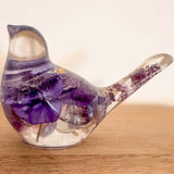 Fluorite Garden Bird | Handmade Pansy & Fluorite Gemstone Resin Bird
