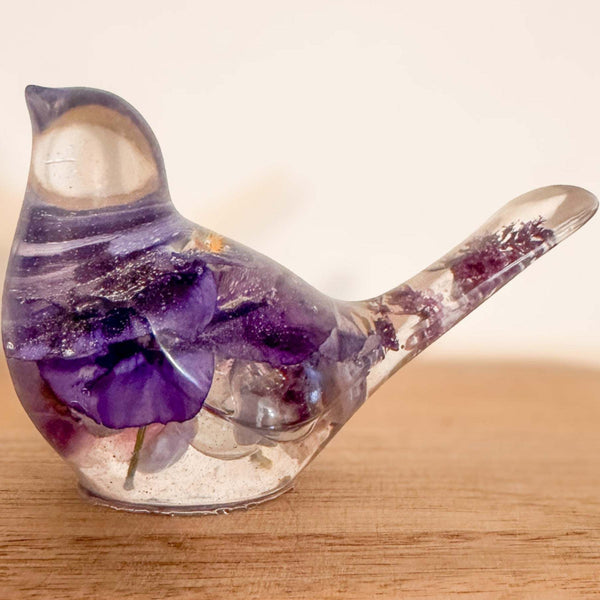 Handmade Pansy Flower Resin Bird with dried purple botanicals
