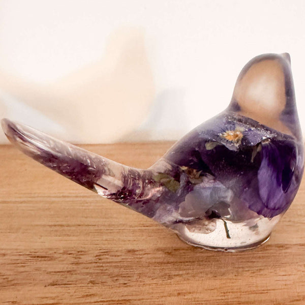 Handmade Purple Pansy Flower Resin Bird with dried purple botanicals