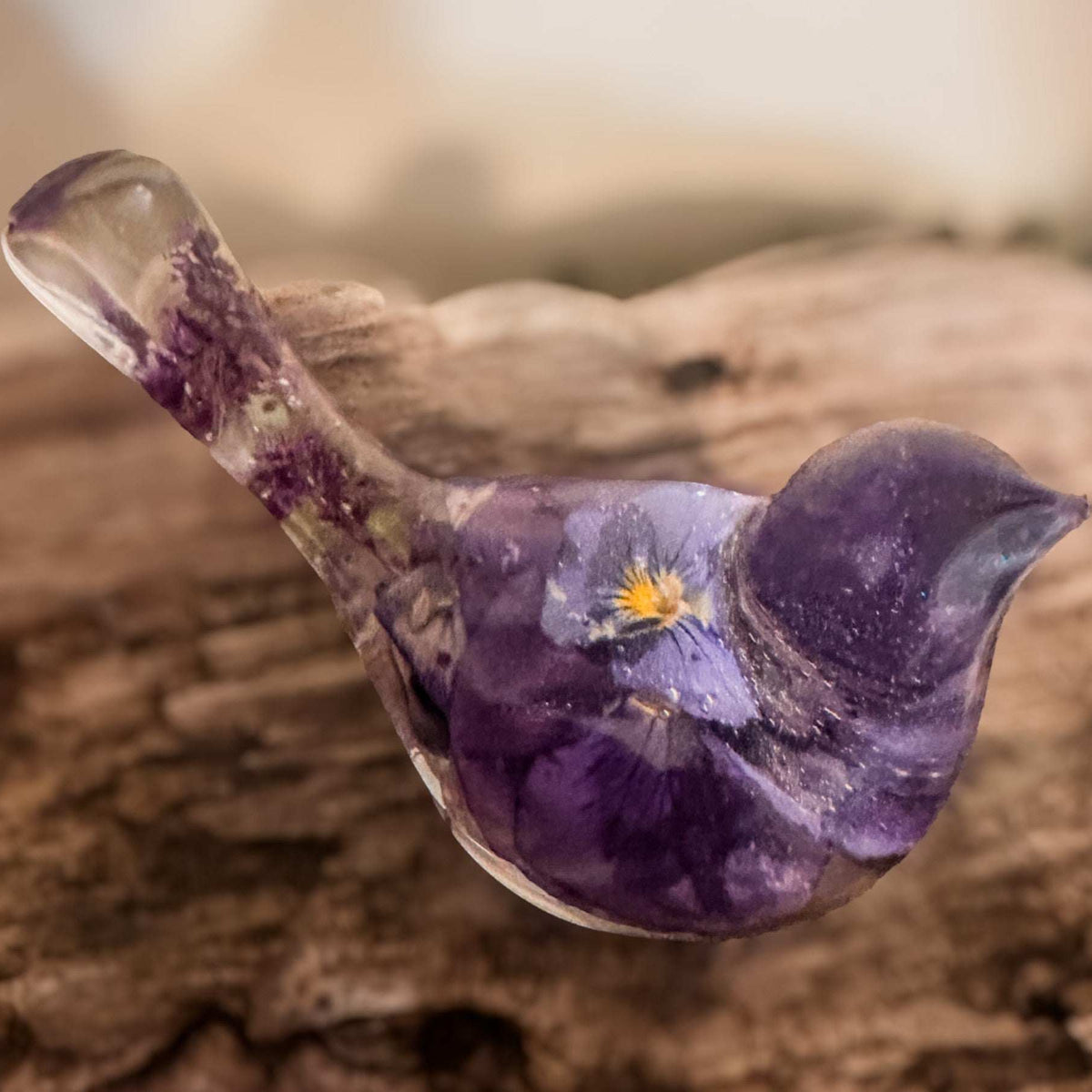 Fluorite Garden Bird | Handmade Pansy & Fluorite Gemstone Resin Bird