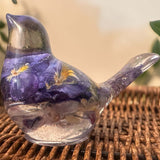 Fluorite Garden Bird | Handmade Pansy & Fluorite Gemstone Resin Bird