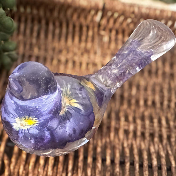 Fluorite Garden Bird | Handmade Pansy & Fluorite Gemstone Resin Bird