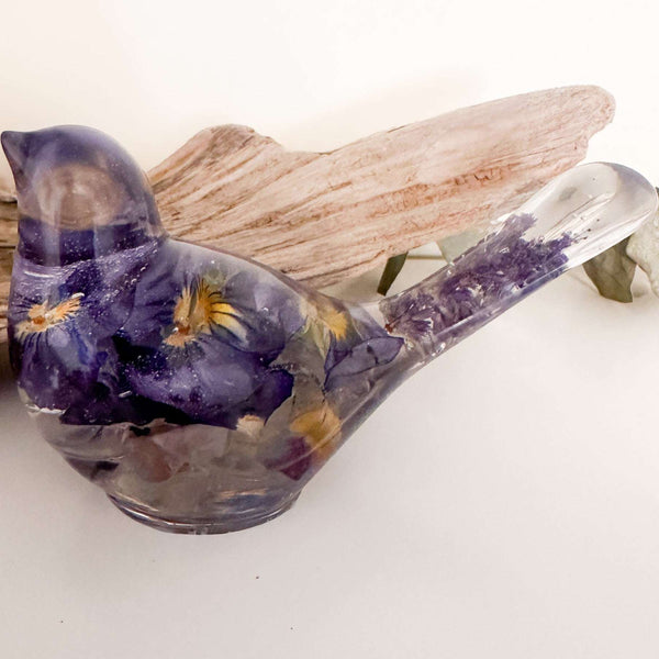 Handmade Pansy Flower Resin Bird with dried purple botanicals