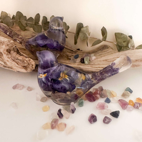 Fluorite Garden Bird | Handmade Pansy & Fluorite Gemstone Resin Bird
