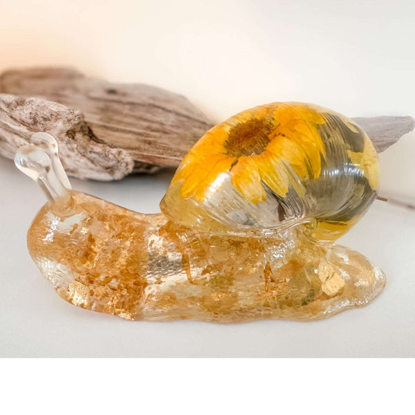 Handmade Sunflower Bloom Snail | Preserved Sunflower Resin Sculpture