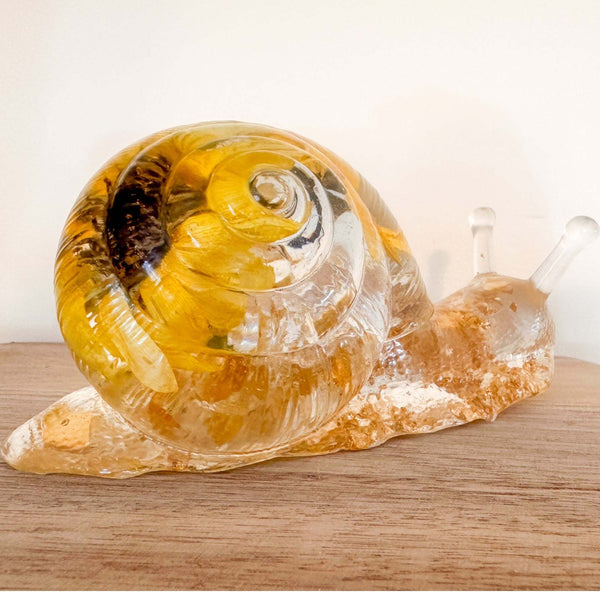 Handmade Sunflower Bloom Snail | Preserved Sunflower Resin Sculpture