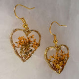 Golden Sunset Hearts | Real Orange Queen Anne Lace Gold Leaf Earrings