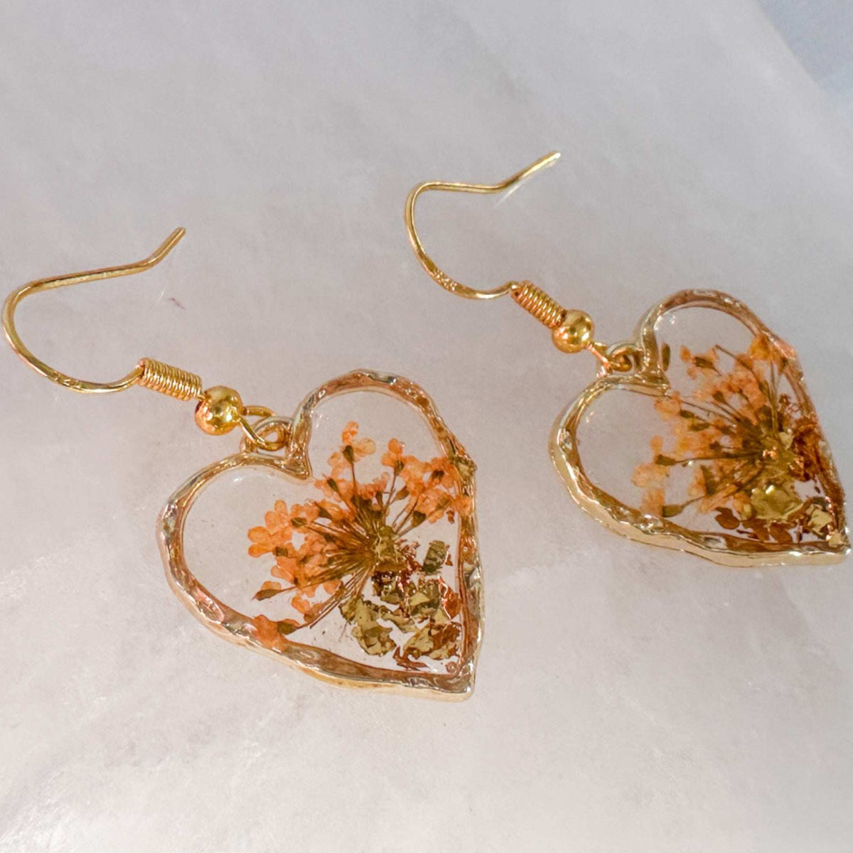Golden Sunset Hearts | Real Orange Queen Anne Lace Gold Leaf Earrings