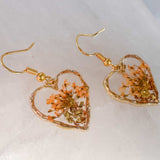 Golden Sunset Hearts | Real Orange Queen Anne Lace Gold Leaf Earrings