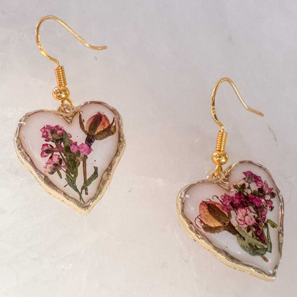 Romance Hearts | Real Pink Rose & Meadow Handmade Bloom Resin Earrings