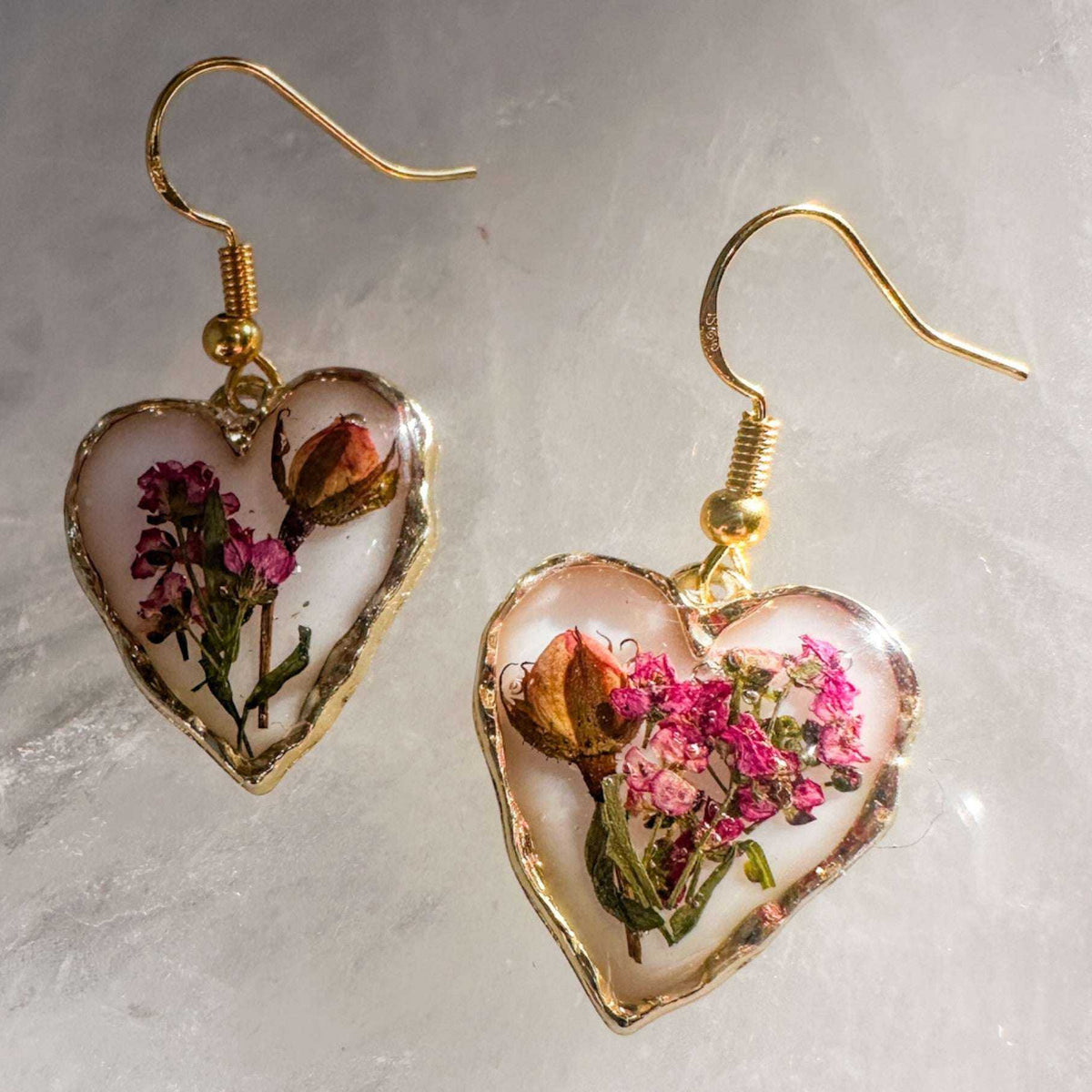 Romance Hearts | Real Pink Rose & Meadow Handmade Bloom Resin Earrings