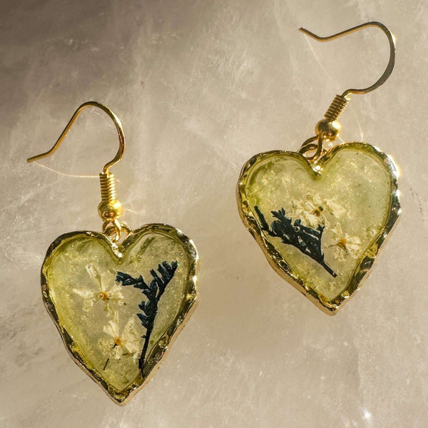 Secret Garden Hearts | Handmade Navy & White Floral Resin Earrings