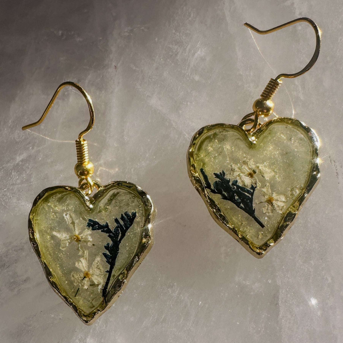 Secret Garden Hearts | Handmade Navy & White Floral Resin Earrings
