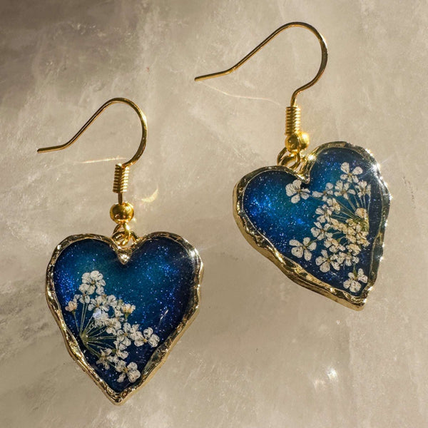 Midnight Lace Hearts | Real Queen Anne's Lace & Navy Resin Earrings