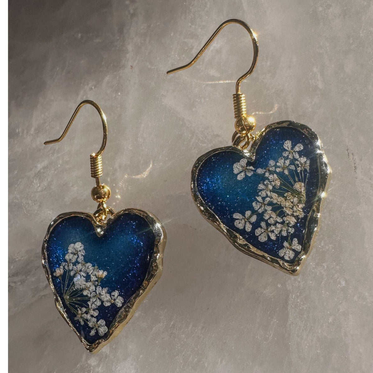 Midnight Lace Hearts | Real Queen Anne's Lace & Navy Resin Earrings
