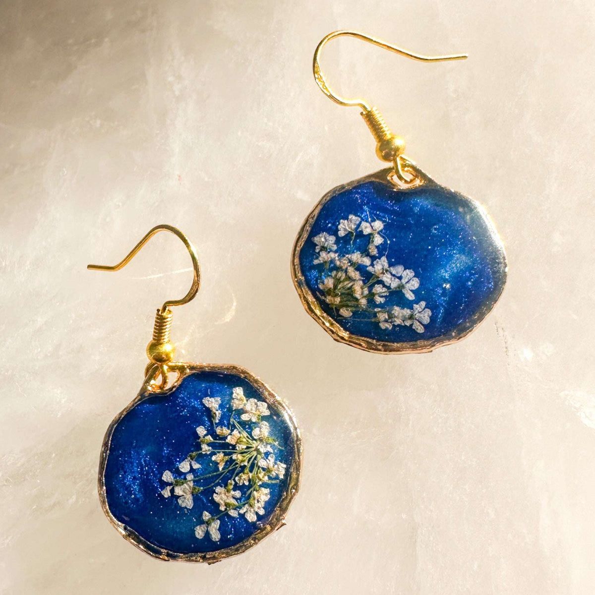Midnight Lace Hearts | Real Queen Anne's Lace & Navy Resin Earrings
