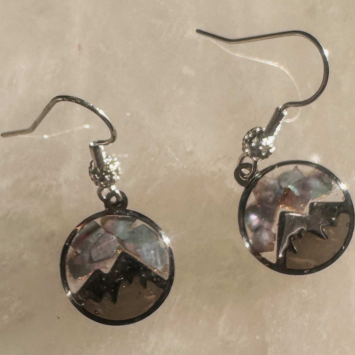 Handmade Silver Mountain Peak Silhouette Earrings with Northern Lights