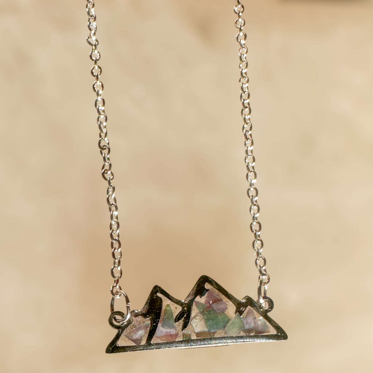 Handmade Silver Mountain Pendant Necklace with Northern Lights