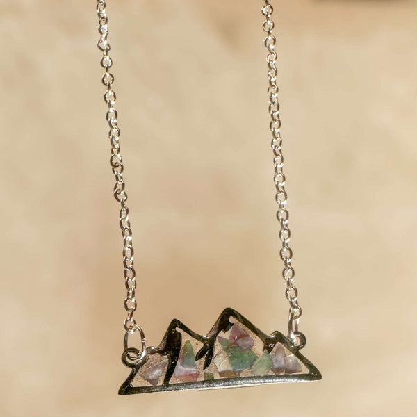 Handmade Silver Mountain Pendant Necklace with Northern Lights