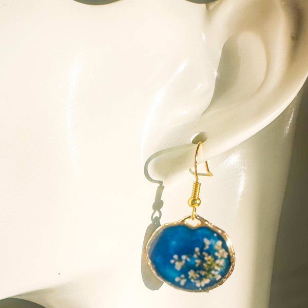 Midnight Lace Hearts | Real Queen Anne's Lace & Navy Resin Earrings